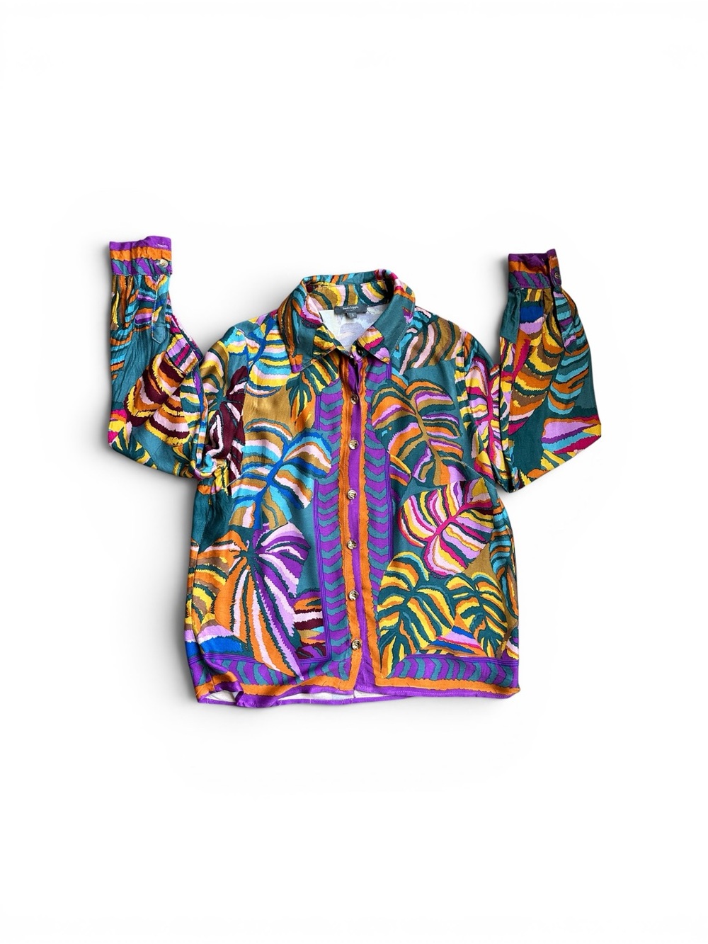 Haute Hippie Silk Blend Tropical Print Blouse S | Colorful Boho Button Down Top